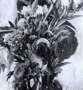 Blumenstrauss Mit Rosen In Blauem Krug Vor Hellem Hintergrund by Max Mayrshofer