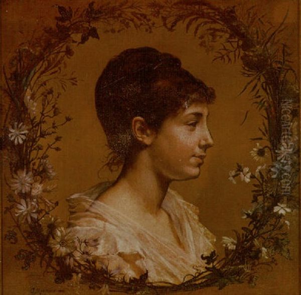 Portrait Of A Young Woman Within Wreath Of Flowers - view 1