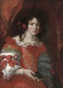 Portrait Of A Lady In A Red And Gold Embroidered Dress With Red Bows And Lace Trimmings by Juan Bautista Martinez del Mazo