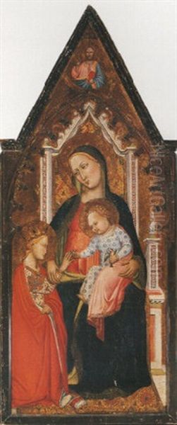 The Madonna And Child, Enthroned, Holding A Goldfinch, With Saint Catherine, Christ Above - view 1