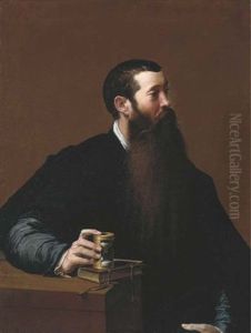 Portrait Of A Philosopher, Half-length, Seated, In A Black Cloak And Satin Jacket And A White Shirt, His Hand Resting On An Hour Glass Sitting...