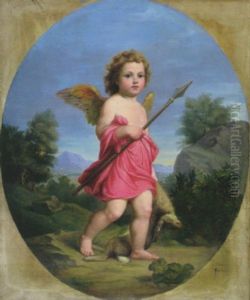 Amoretto Auf Der Jagd Vor Gebirgslandschaft by Giuseppe Mazzola