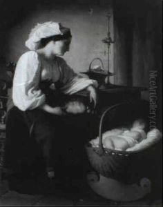 Sweet Dreams/interior Genre Scene With Mother And Child by Giuseppe Mazzola