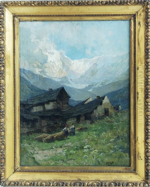 Paesaggio Montanto Con Baite Gregge E Contadine - view 1