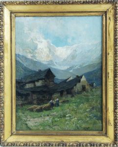 Paesaggio Montanto Con Baite Gregge E Contadine by Giuseppe Mazzolani