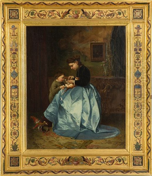 Woman With Child And Kitten by Giuseppe Mazzolini