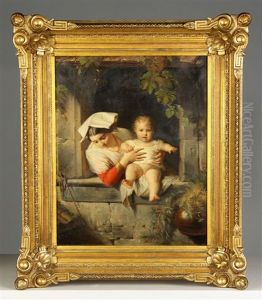 A Mother And Child At Window by Giuseppe Mazzolini