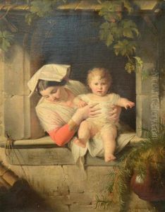 Mother And Child At A Window by Giuseppe Mazzolini