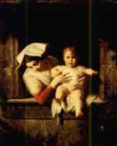 Mother And Child At A Window by Giuseppe Mazzolini