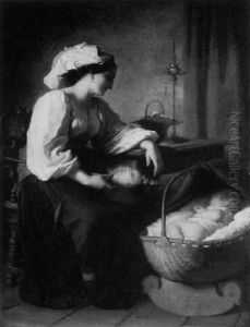 The Peaceful Slumber. Woman Holding A Distaff Watching A Sleeping Infant
