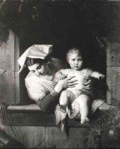 Mother And Child At A Window by Giuseppe Mazzolini