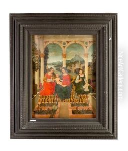 Maria With Jesus, Agnes And Saint Anna, Sitting On A Balcony With Animals And View To A Wide Landscape by Ludovico Mazzolino