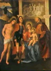 Holy Family With Saint Sebastian And Saint Roch by Ludovico Mazzolino
