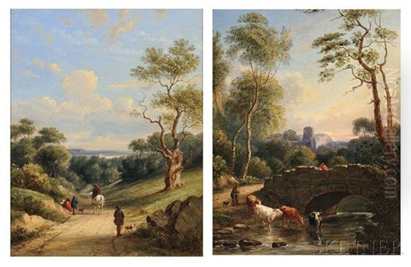 Two Landscapes: Shepherd With Cows At A Stream - view 1
