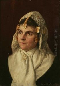 Portrait Of A 19th C. Woman In Fancy Lace And Gold Head Covering