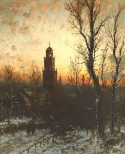 Luminous Sunset With Man Walking To Church by George Herbert McCord