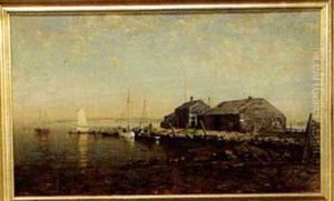 Coastal Scene With Boat Houses And Sailboats