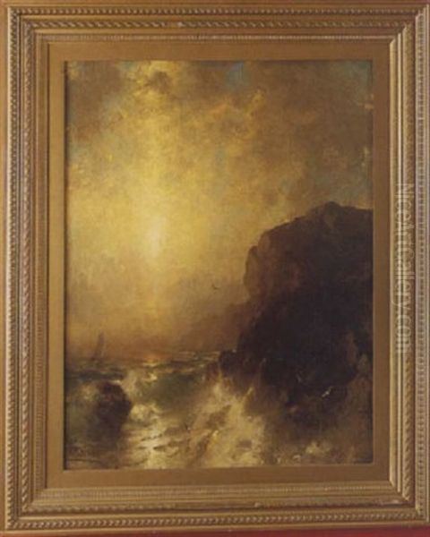 Sunset Over A Rough Ocean, Sailboat And Cliffs - view 1