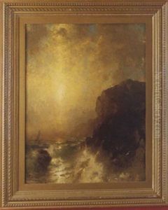 Sunset Over A Rough Ocean, Sailboat And Cliffs Sunset Over A Rough Ocean, Sailboat And Cliffs