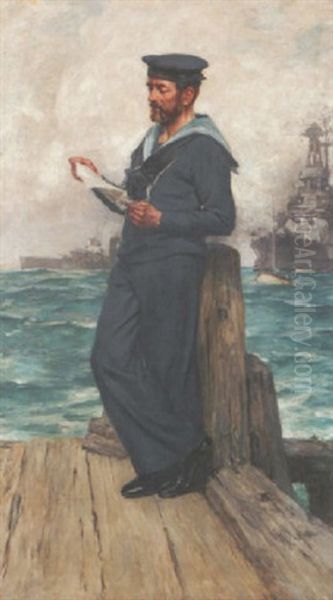 A Sailor From "hms Invincible" Reading On A Quayside - view 1