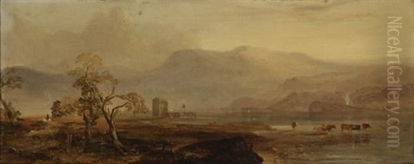 River Landscape With Cows Watering - view 1