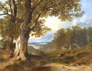 Deer In An Extensive Wooded Landscape by Horatio McCulloch