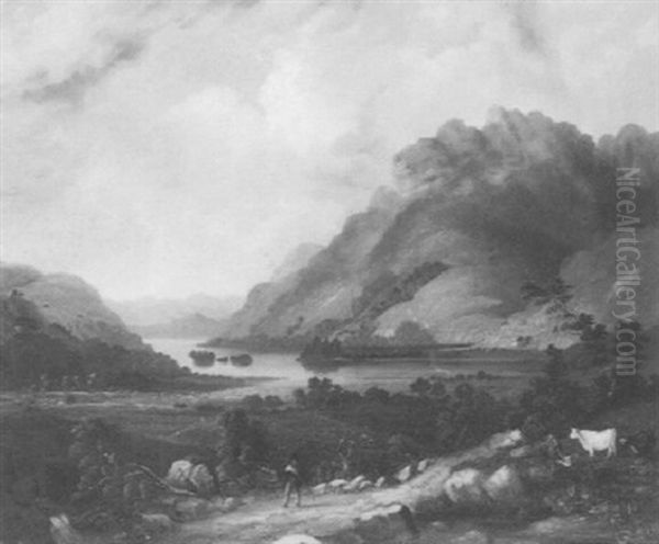 Cattle And A Figure In A Highland Landscape - view 1