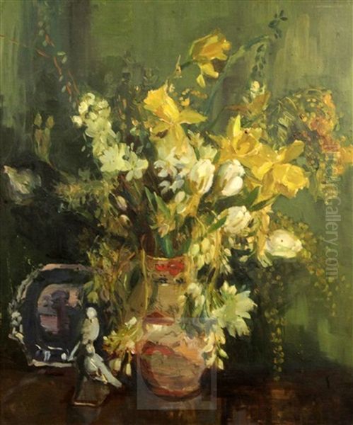 Still Life Of Black Flowers In A Pottery Jug - view 1