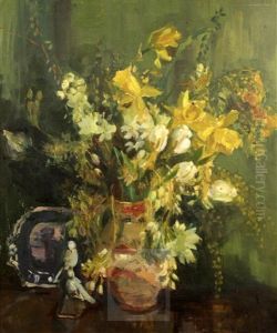 Still Life Of Black Flowers In A Pottery Jug by Violet Mcdougall