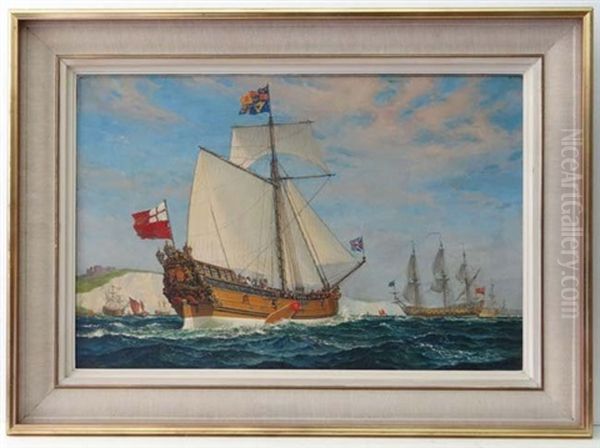 The First British Yacht Mary (with Charles Ii By The Cliffs Of Dover) Which Was Presented To Charles Ii By The City Of Amsterdam Signed To Front, Lower Right And National Society Label Verso, Has James Bourlet Label Verso - view 1
