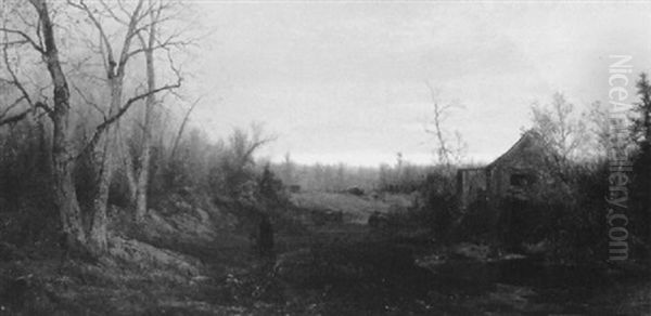 Figures By A Woodland Shack In Autumn - view 1