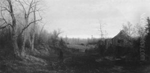 Figures By A Woodland Shack In Autumn