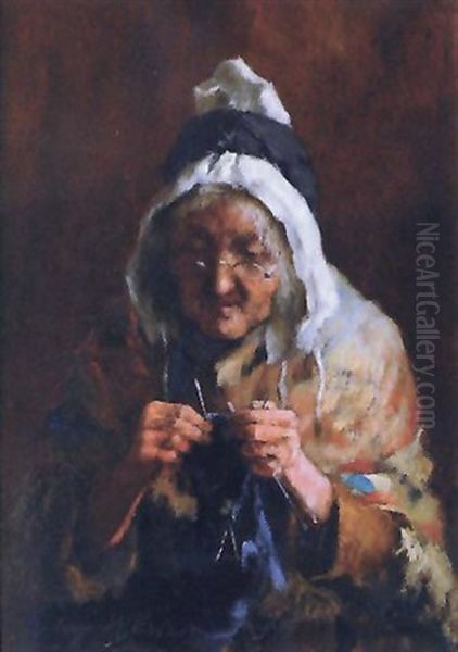 Study Of An Old Lady Knitting - view 1