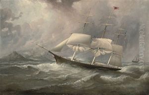 The Black Ball Clipper Ocean Chief On Her Australian Run With The Crew Aloft Reefing-down The Sails