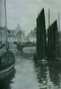 Fishing Boats At A Village Pier by John Mcghie