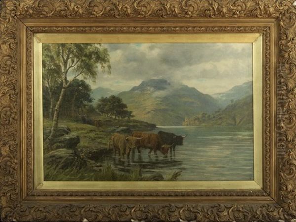 Highland Cattle By A Loch - view 1