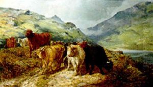 Highland Cattle In A Loch Landscape by Thomas Hope Mclachlan