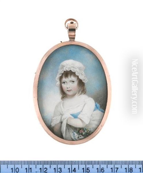 Harriet Blackburne, Wearing White Dress, Sky Blue Sash And White Bonnet, A Posy Of Flowers In Her Pinafore, Which She Holds To Her Chest With Her Left Hand - view 1