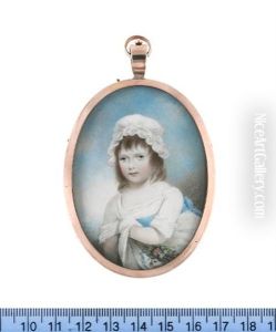 Harriet Blackburne, Wearing White Dress, Sky Blue Sash And White Bonnet, A Posy Of Flowers In Her Pinafore, Which She Holds To Her Chest With Her Left Hand