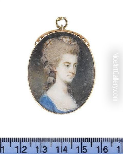 A Lady, Wearing Blue Dress With A Fine White Slip, Her Powdered Hair Upswept, Rolled And Dressed With A Striped Handkerchief - view 1