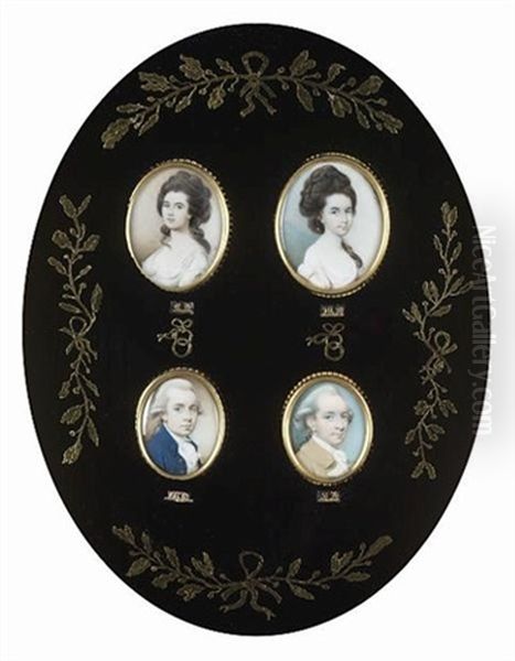 A Lady, Wearing Pale Pink Dress With Lace Neckline, Her Dark Hair Upswept And Over Her Shoulder (+ 3 Others; 4 Works, Framed Together) - view 1