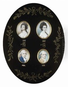 A Lady, Wearing Pale Pink Dress With Lace Neckline, Her Dark Hair Upswept And Over Her Shoulder (+ 3 Others; 4 Works, Framed Together)