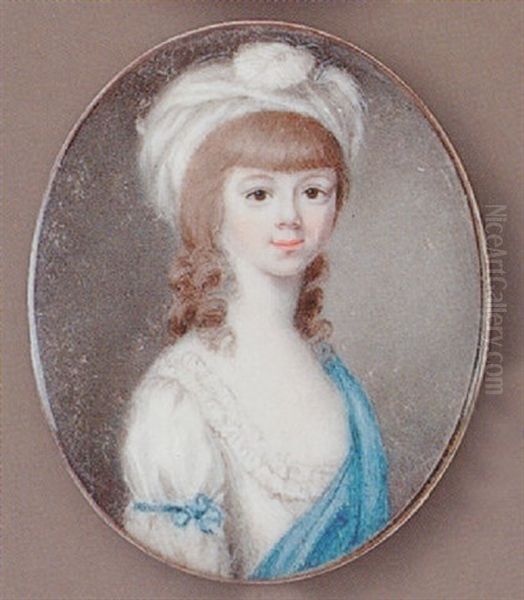 A Young Girl, With White Dress, Blue Sleeve-ribbon And Shawl, A Feathered Turban In Her Loose Brown Hair - view 1