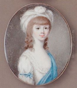 A Young Girl, With White Dress, Blue Sleeve-ribbon And Shawl, A Feathered Turban In Her Loose Brown Hair