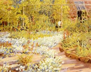In The Garden, Lady With Parasol Strolling With Her Companion by Helen Galloway Mcnicoll