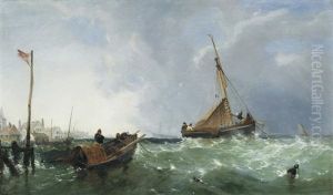 Fishing In Choppy Seas At Folkestone, A Pair Each 30.5 X 51cm (12 X 20 1/16in). (2) by James Meadows Snr