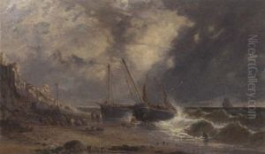 Fishermen Pulling Rye Trawlers Up The Beach Out Of The Surf by James Meadows Snr
