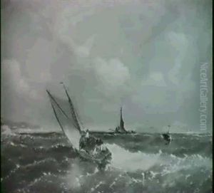 Ships On Rough Seas Off The Coast by James Meadows Snr
