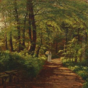 Forest Scenery With Woman Strolling by Christian Berthelsen