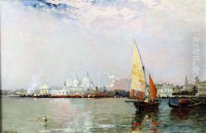 View Of Venice From The Lagoon With Sailing Boat And Gondola To Foreground by Arthur Joseph Meadows